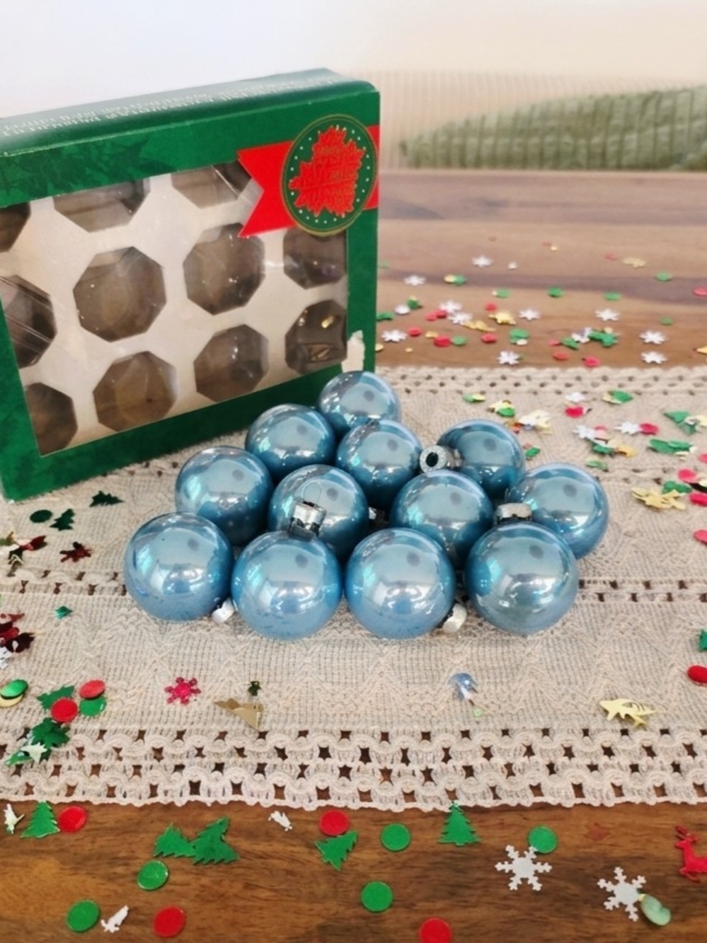 Box of 12 Small Blue Vintage Christmas Ornaments